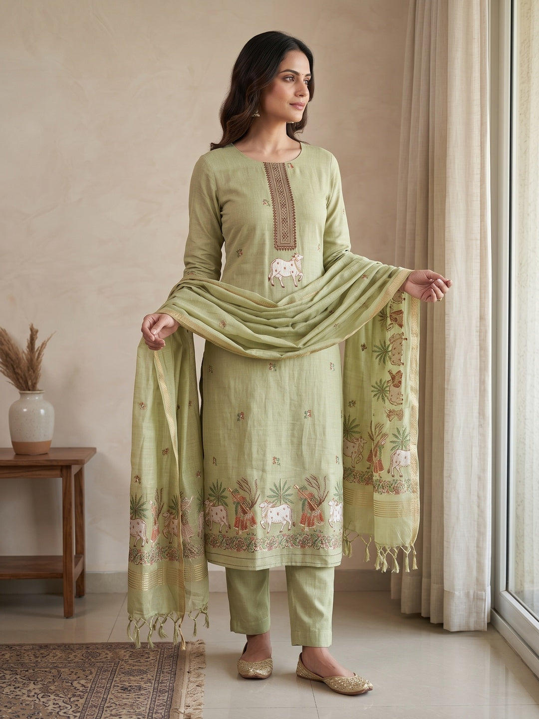 Peachmode Pista Green Pichwai Jamdani Muga Cotton Dress Material - Image 1