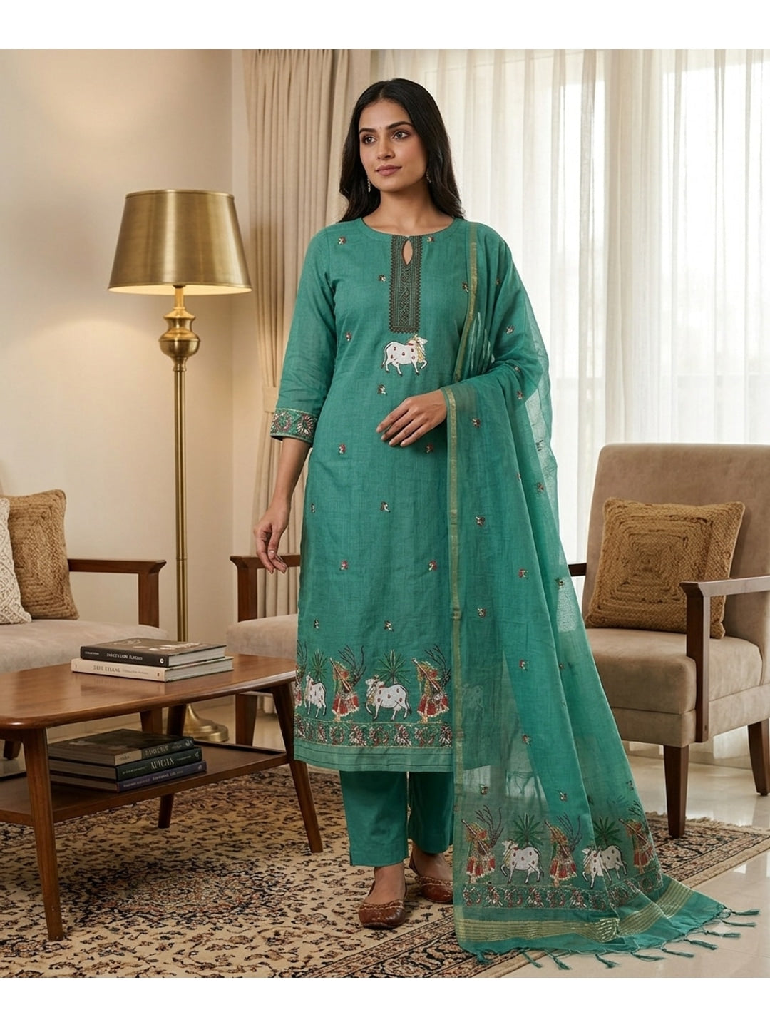 Peachmode Turquoise Pichwai Jamdani Muga Cotton Dress Material - Image 2