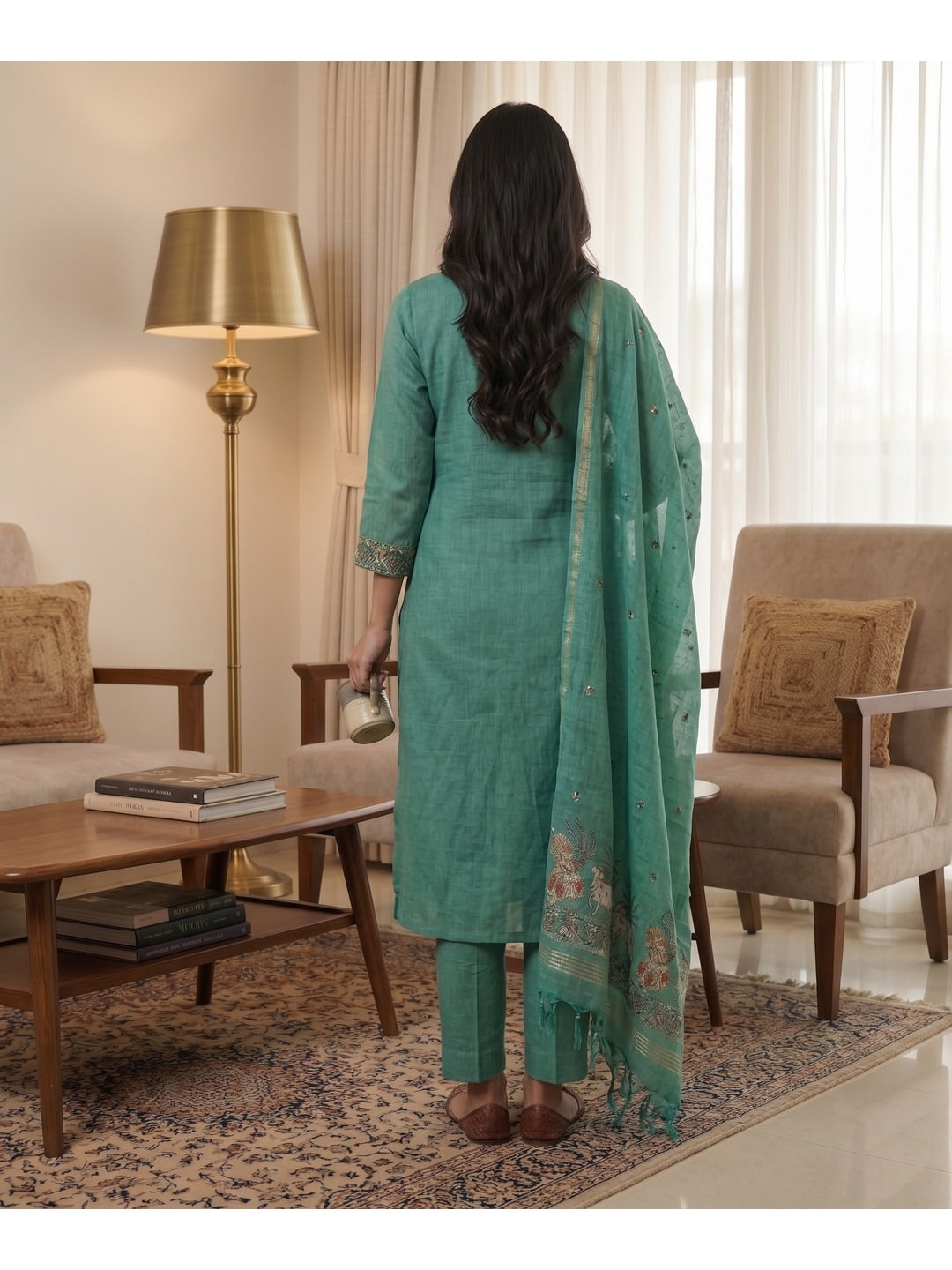 Peachmode Turquoise Pichwai Jamdani Muga Cotton Dress Material - Image 3