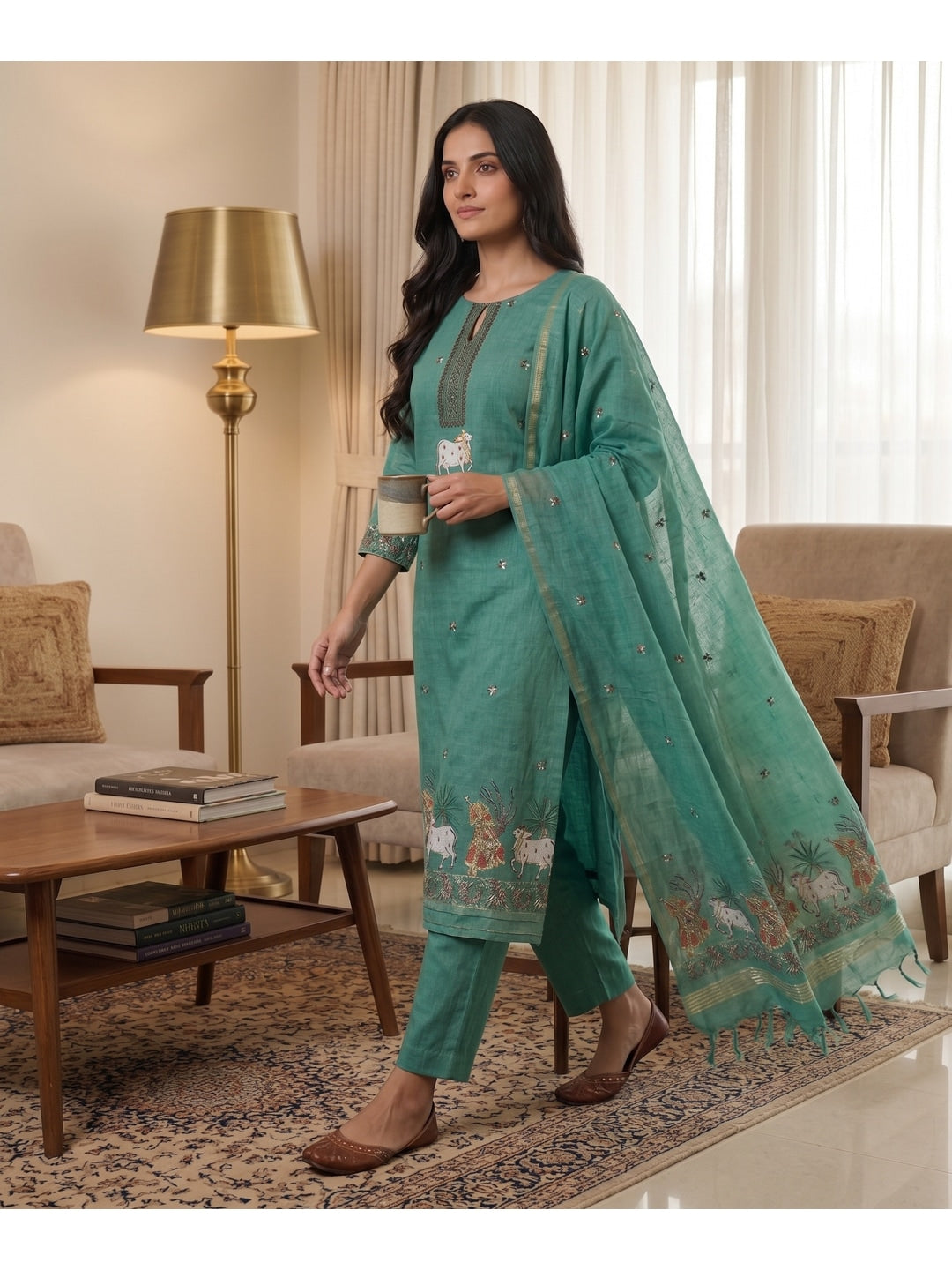 Peachmode Turquoise Pichwai Jamdani Muga Cotton Dress Material - Image 4