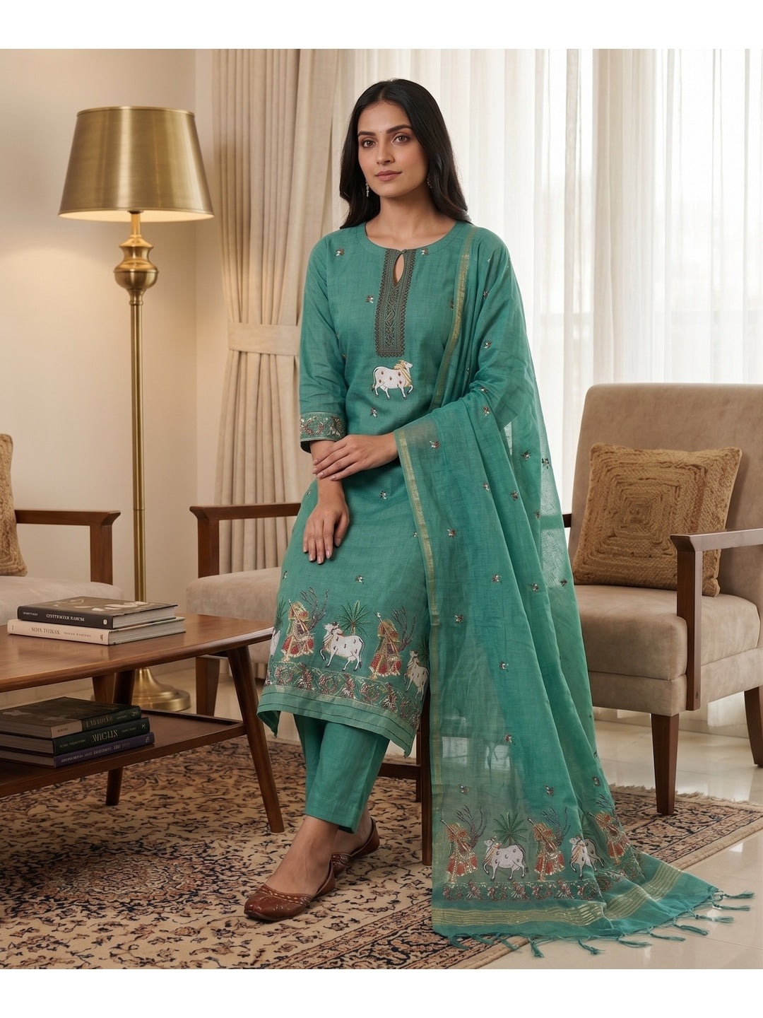 Peachmode Turquoise Pichwai Jamdani Muga Cotton Dress Material - Image 5