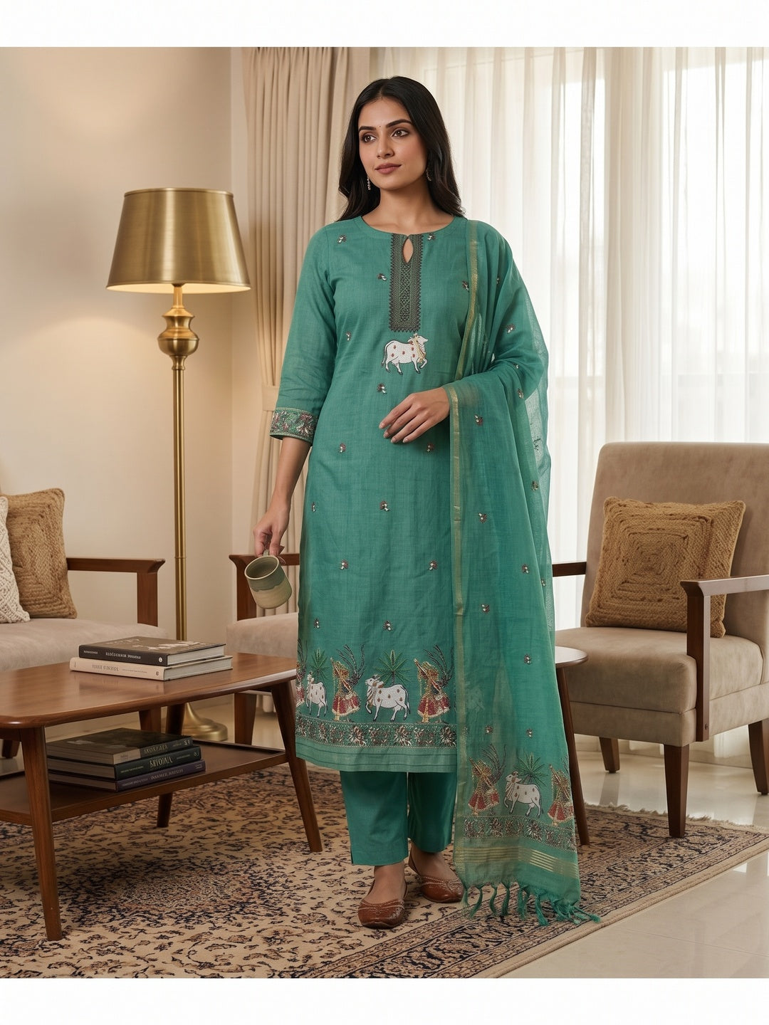 Peachmode Turquoise Pichwai Jamdani Muga Cotton Dress Material - Image 1