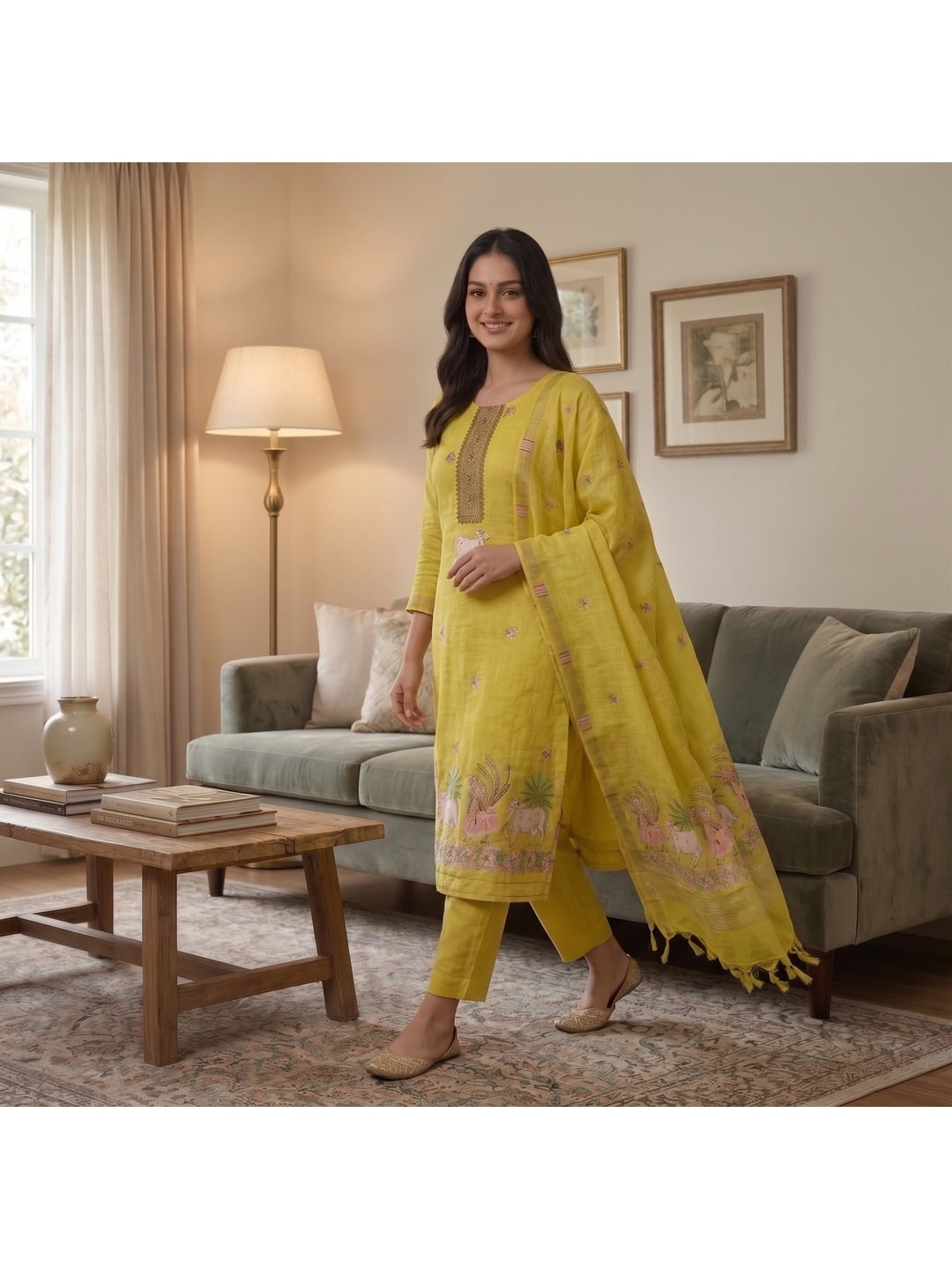 Peachmode Yellow Pichwai Jamdani Muga Cotton Dress Material - Image 4