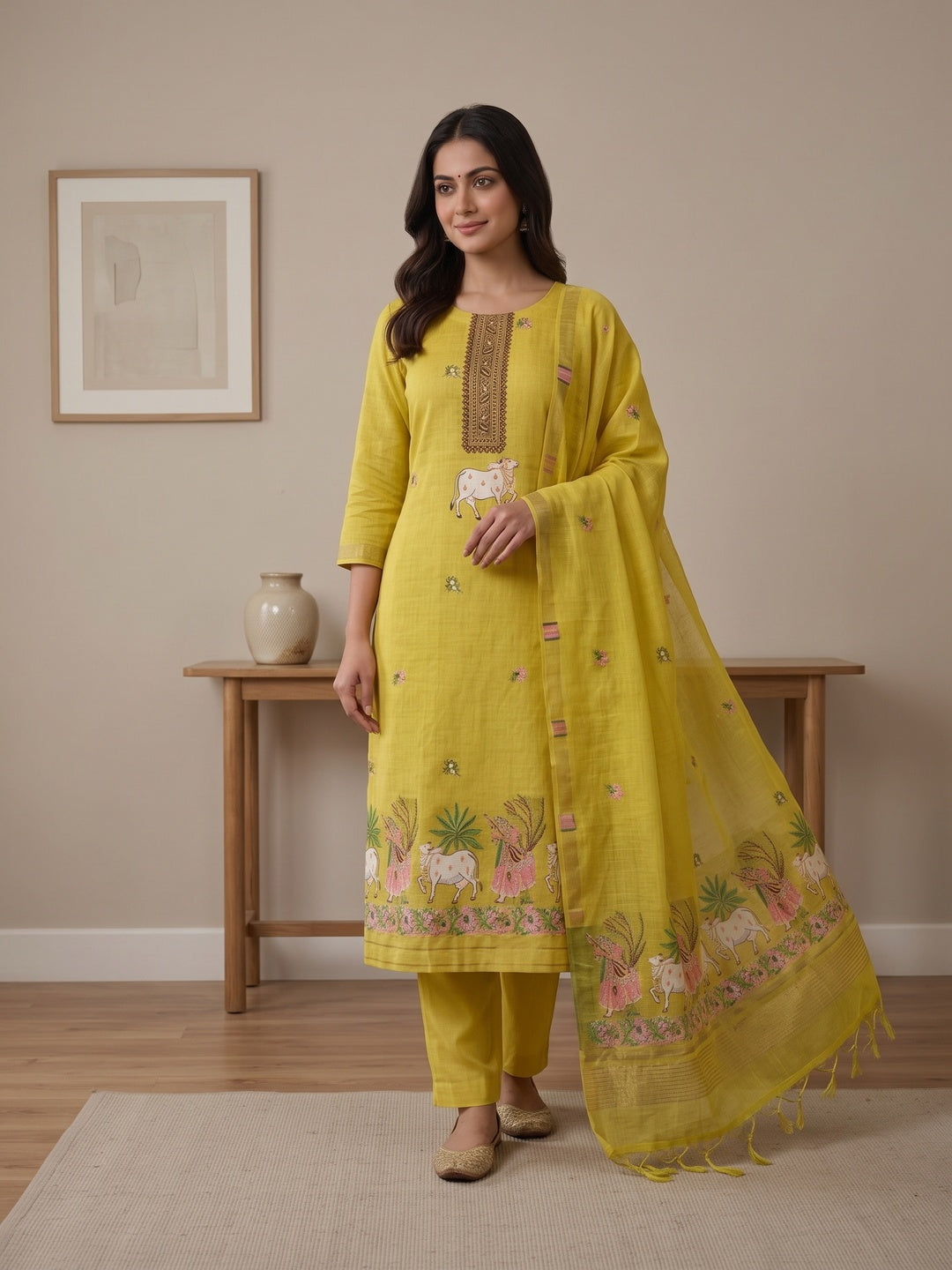 Peachmode Yellow Pichwai Jamdani Muga Cotton Dress Material - Image 1