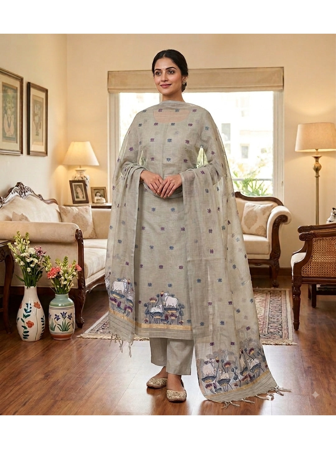 Peachmode Grey Pichwai Jamdani Muga Cotton Dress Material - Image 2
