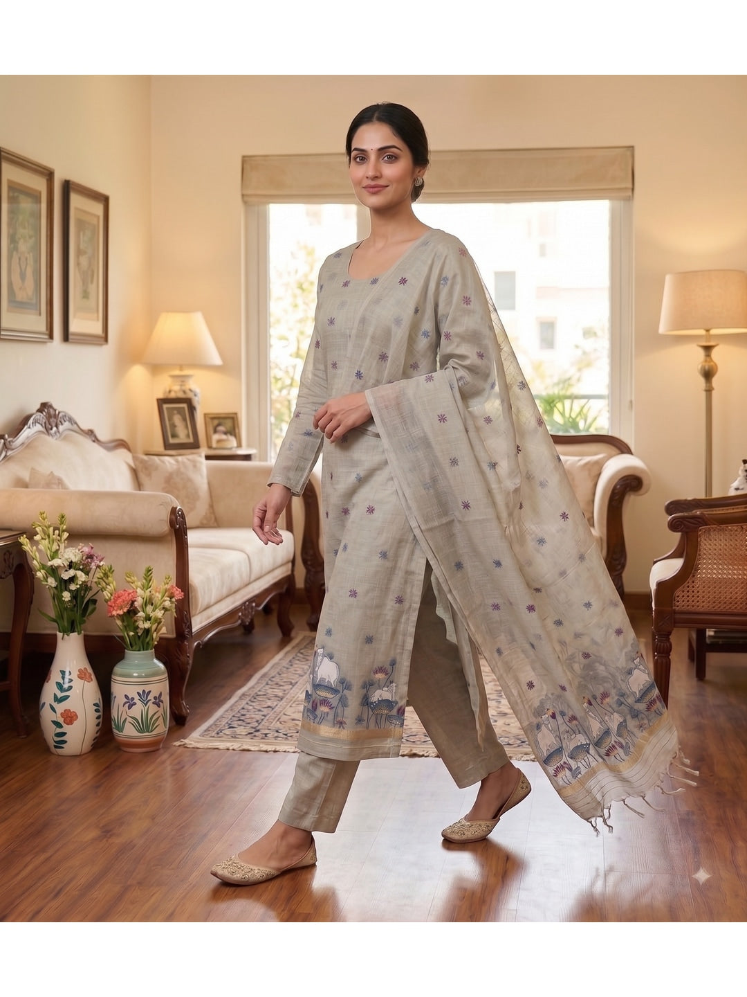 Peachmode Grey Pichwai Jamdani Muga Cotton Dress Material - Image 4