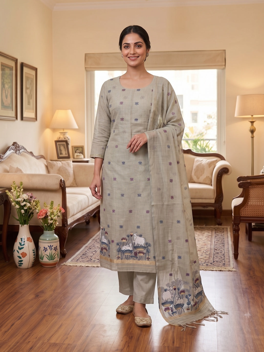 Peachmode Grey Pichwai Jamdani Muga Cotton Dress Material - Image 1