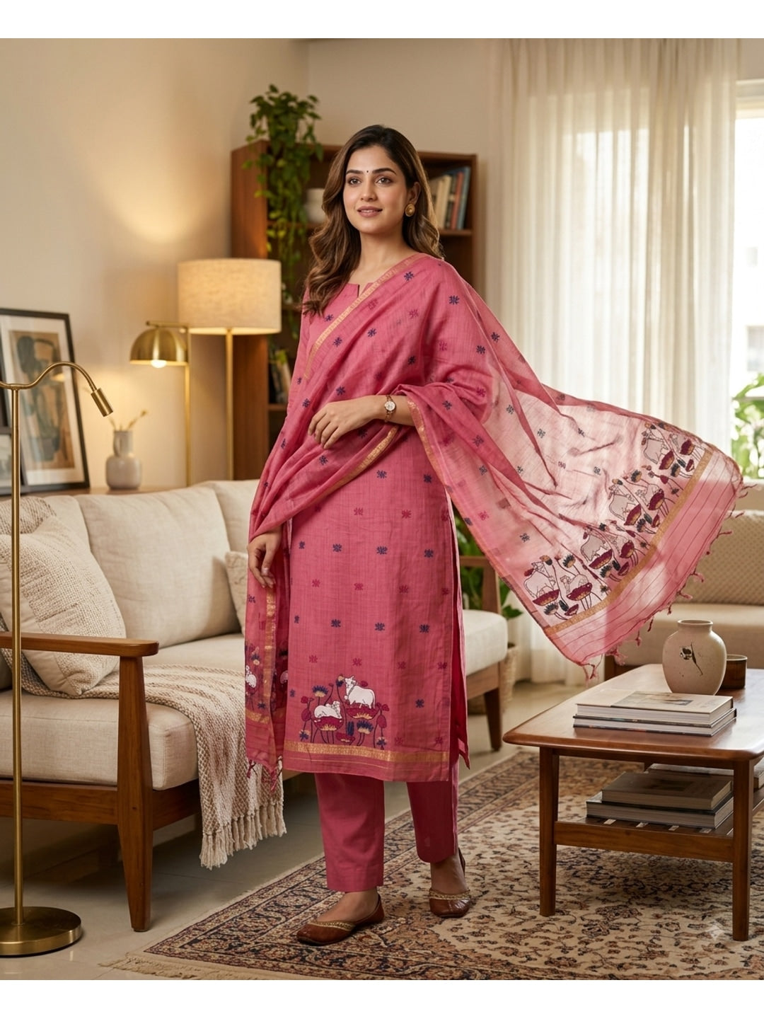 Peachmode Pink Pichwai Jamdani Muga Cotton Dress Material - Image 2