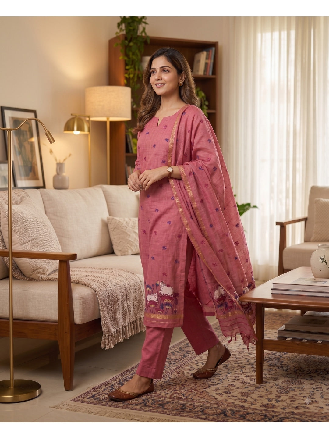 Peachmode Pink Pichwai Jamdani Muga Cotton Dress Material - Image 4