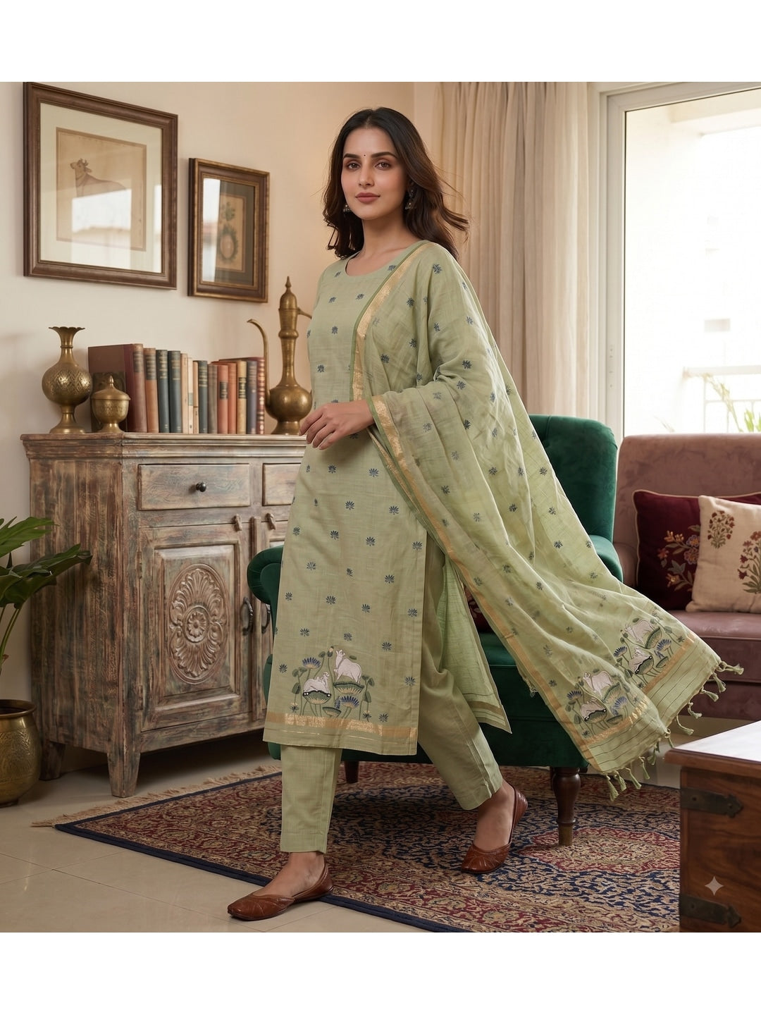 Peachmode Pista Green Pichwai Jamdani Muga Cotton Dress Material - Image 4