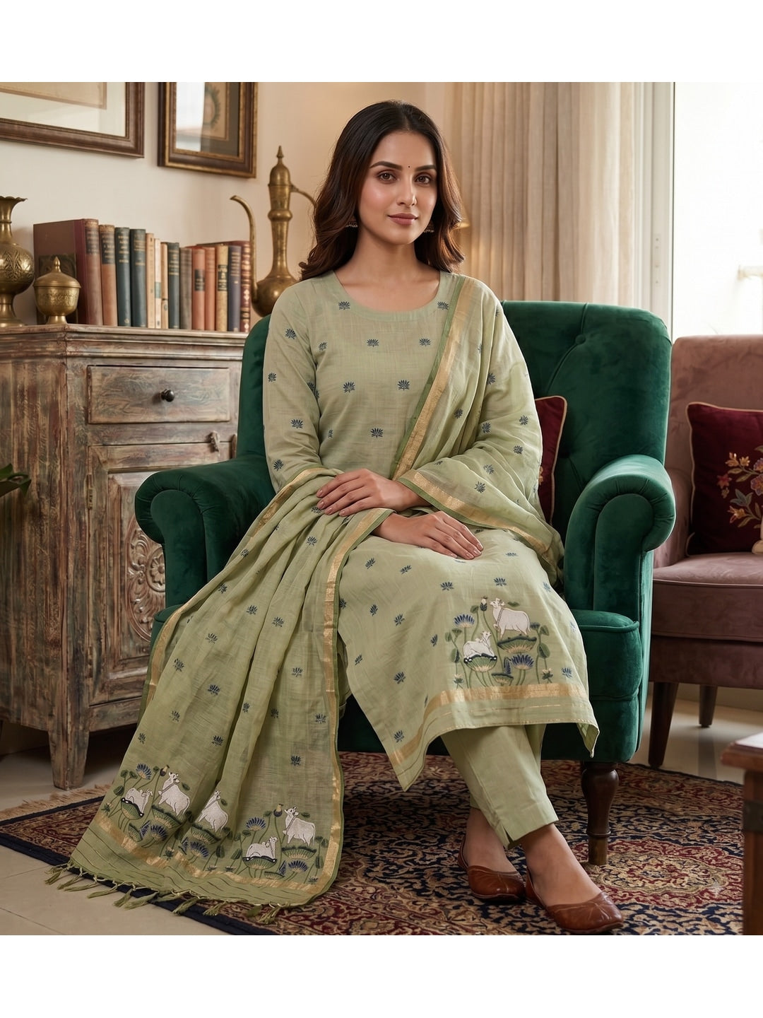 Peachmode Pista Green Pichwai Jamdani Muga Cotton Dress Material - Image 5