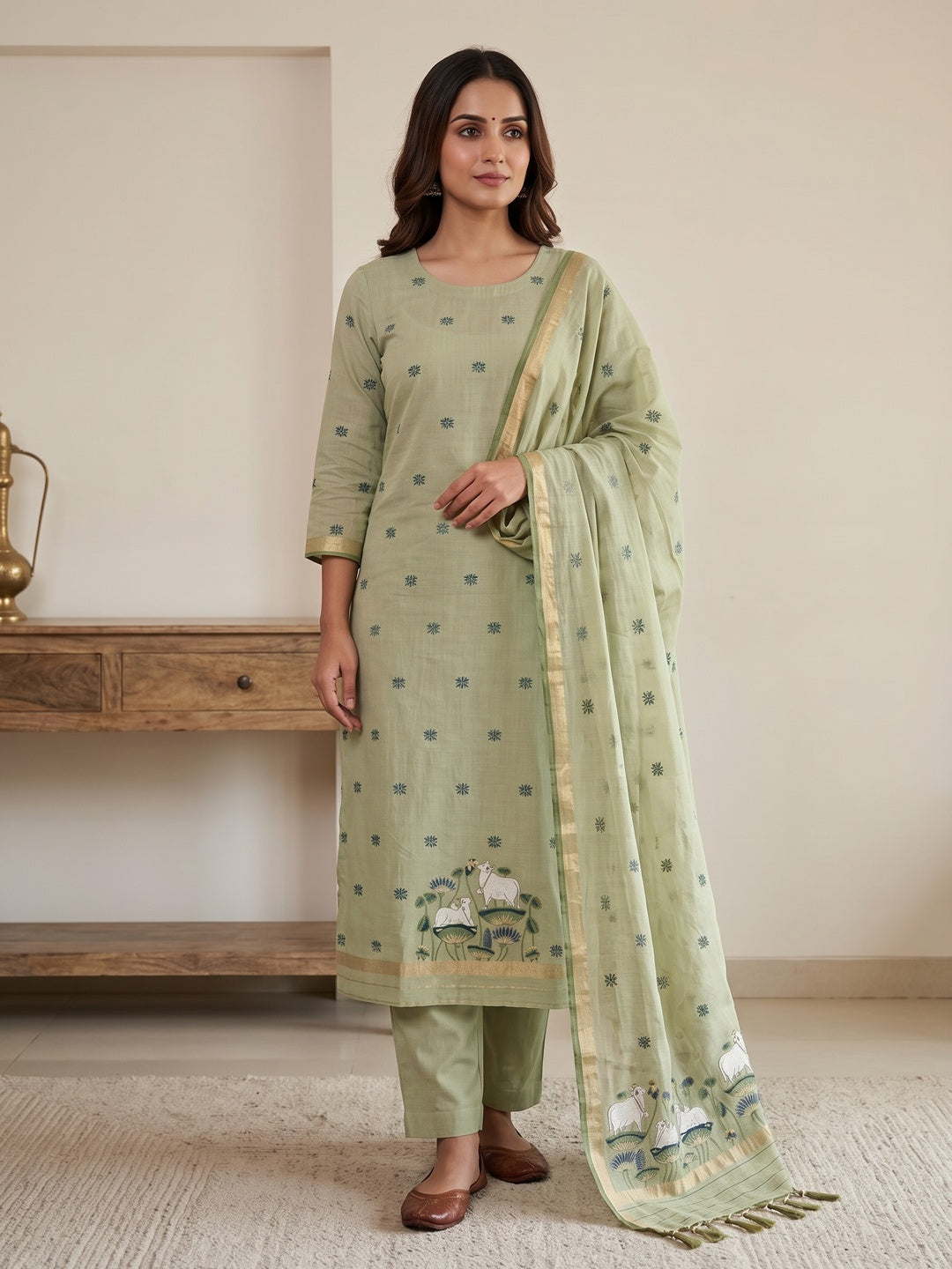 Peachmode Pista Green Pichwai Jamdani Muga Cotton Dress Material - Image 1