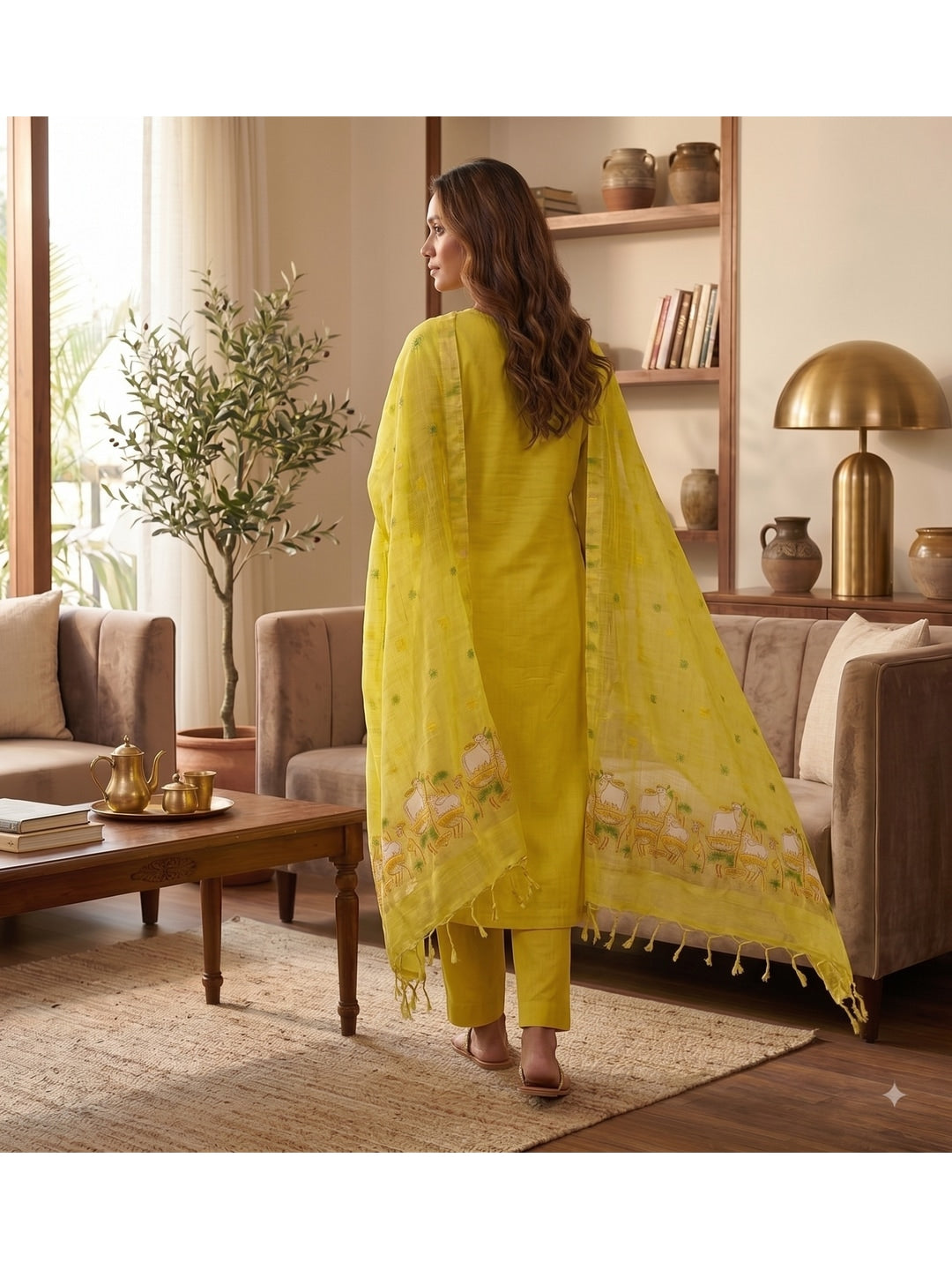 Peachmode Yellow Pichwai Jamdani Muga Cotton Dress Material - Image 3