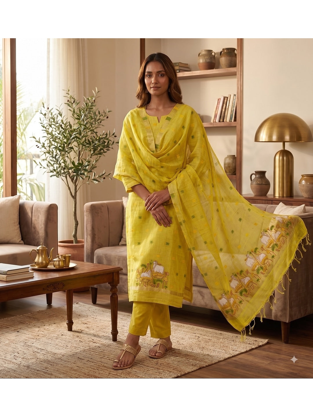 Peachmode Yellow Pichwai Jamdani Muga Cotton Dress Material - Image 5