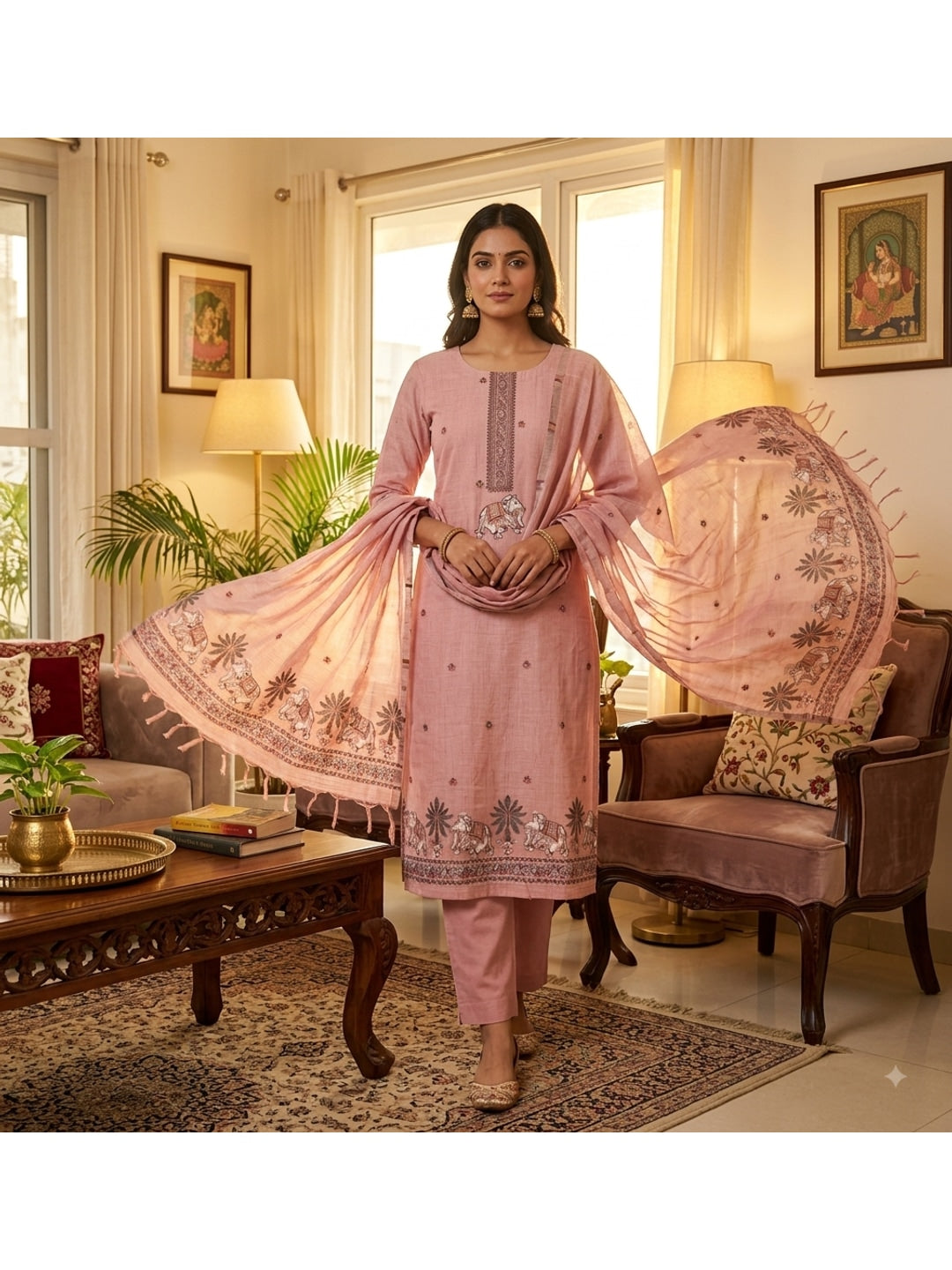 Peachmode Pink Pichwai Jamdani Muga Cotton Dress Material - Image 2