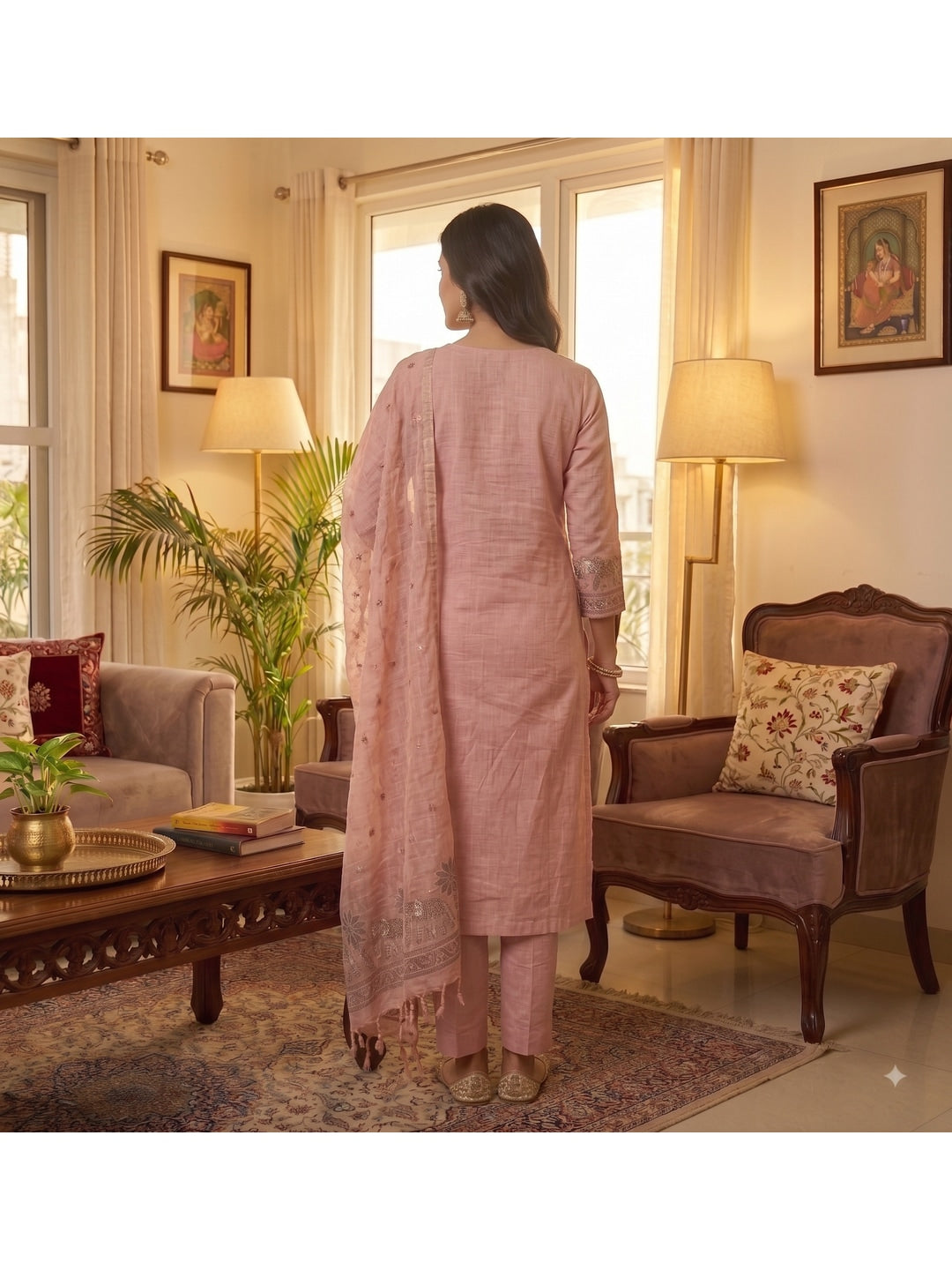 Peachmode Pink Pichwai Jamdani Muga Cotton Dress Material - Image 3