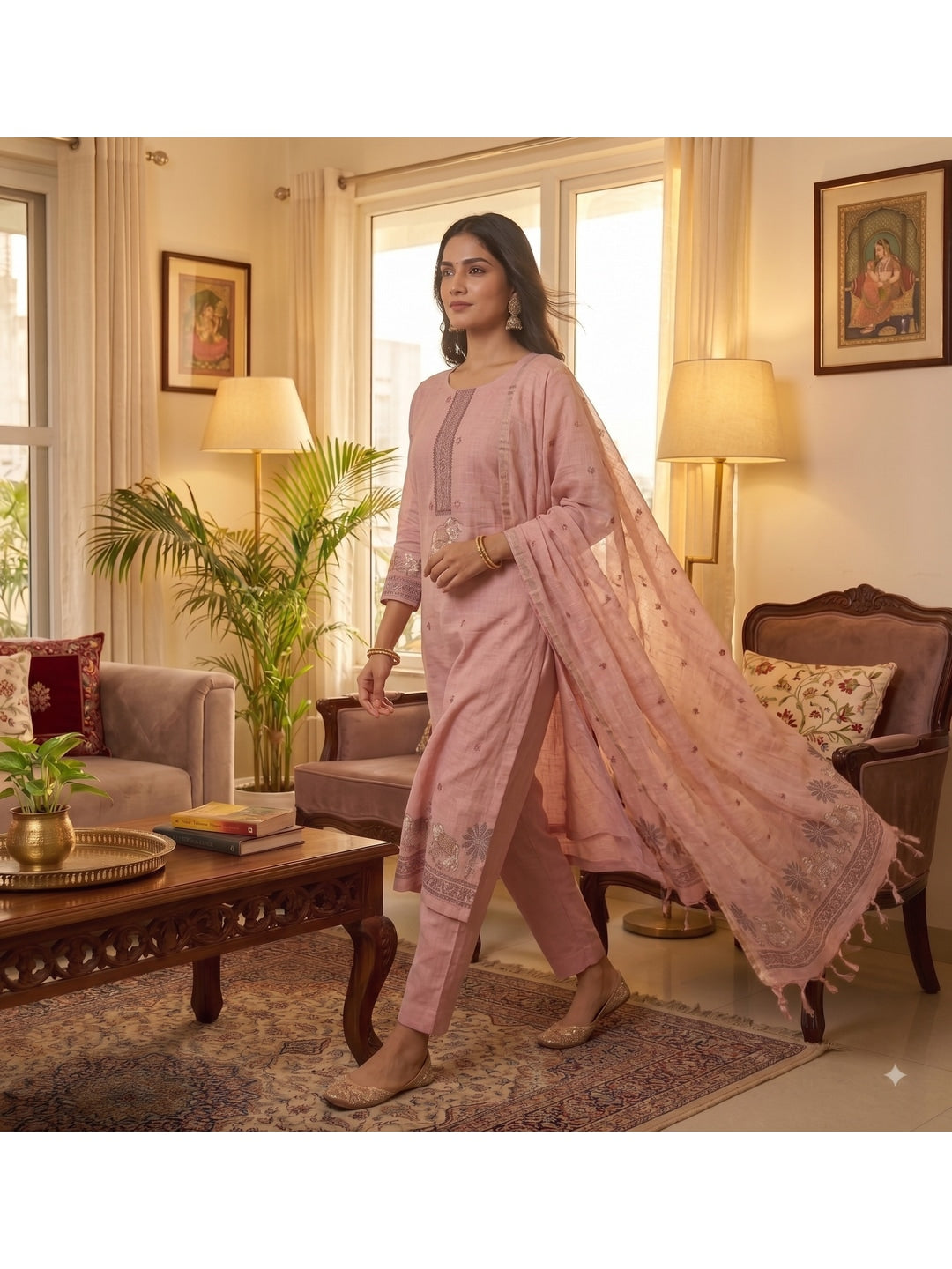 Peachmode Pink Pichwai Jamdani Muga Cotton Dress Material - Image 5