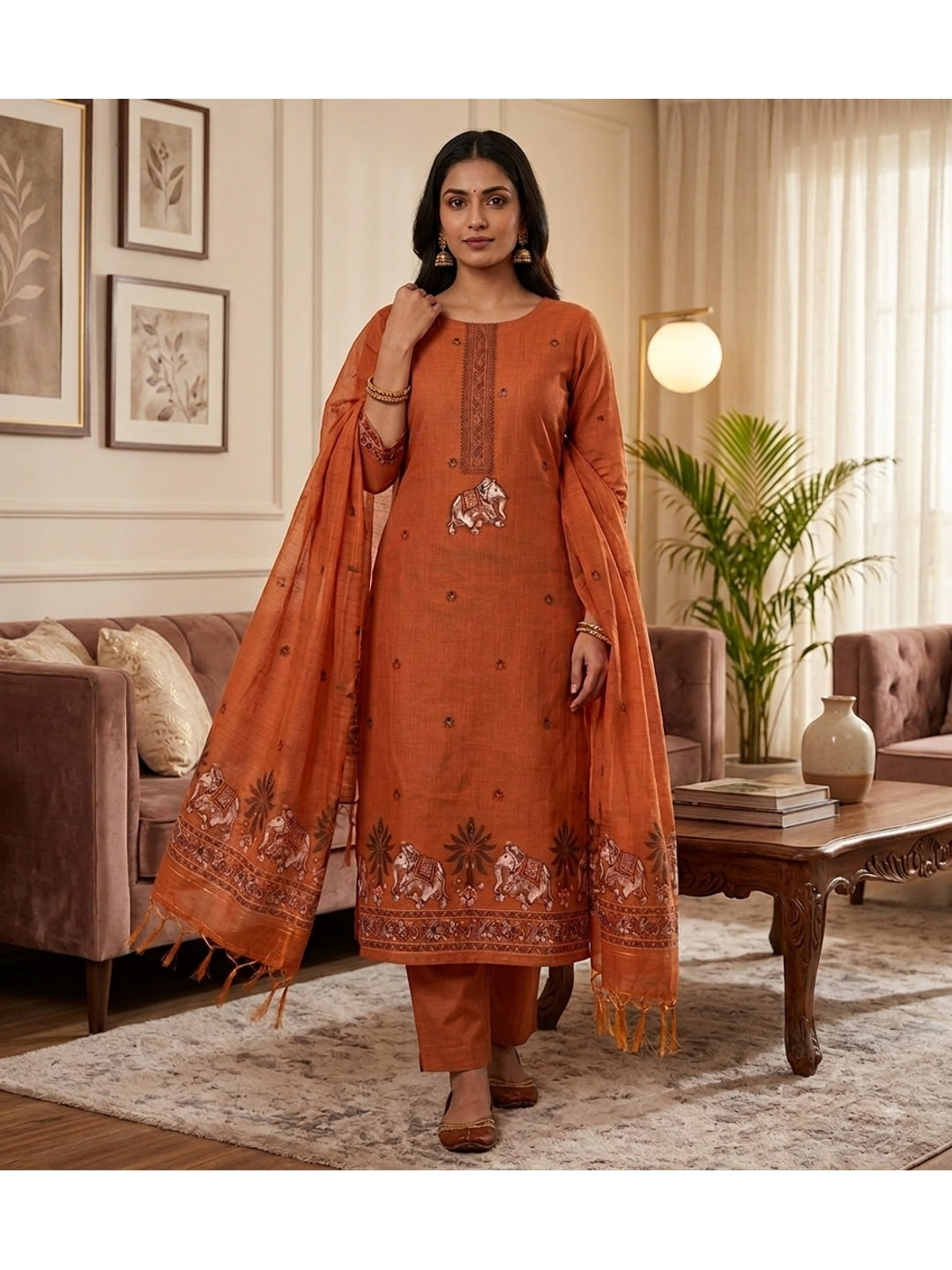 Peachmode Orange Pichwai Jamdani Muga Cotton Dress Material - Image 2