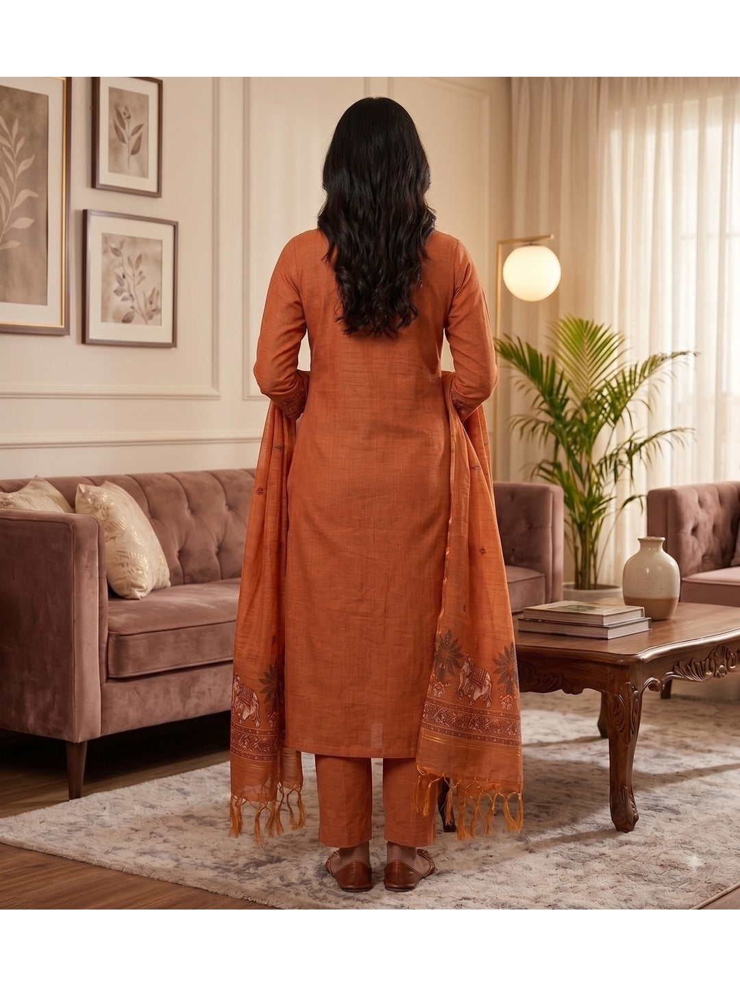 Peachmode Orange Pichwai Jamdani Muga Cotton Dress Material - Image 3
