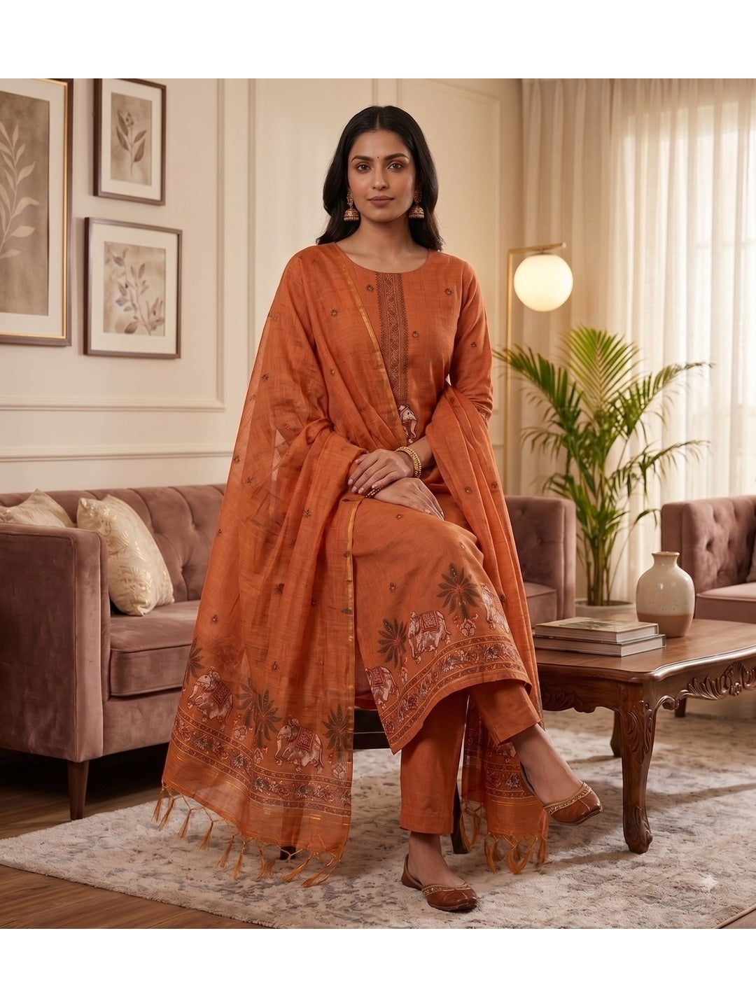 Peachmode Orange Pichwai Jamdani Muga Cotton Dress Material - Image 4