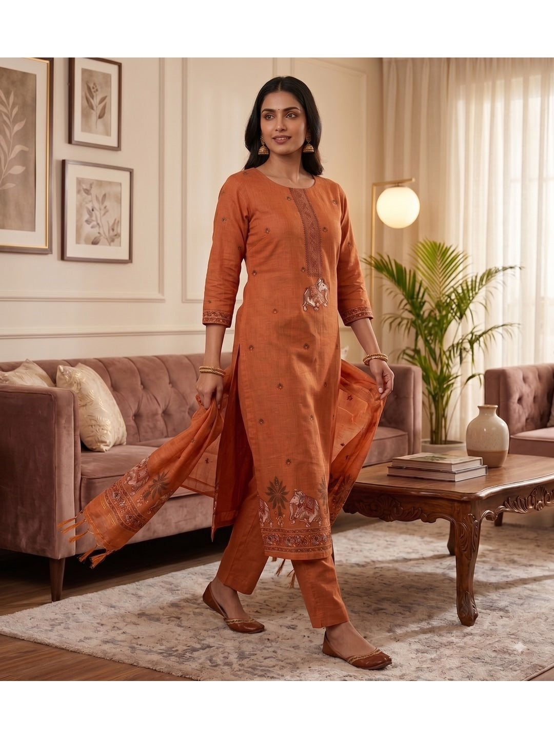 Peachmode Orange Pichwai Jamdani Muga Cotton Dress Material - Image 5