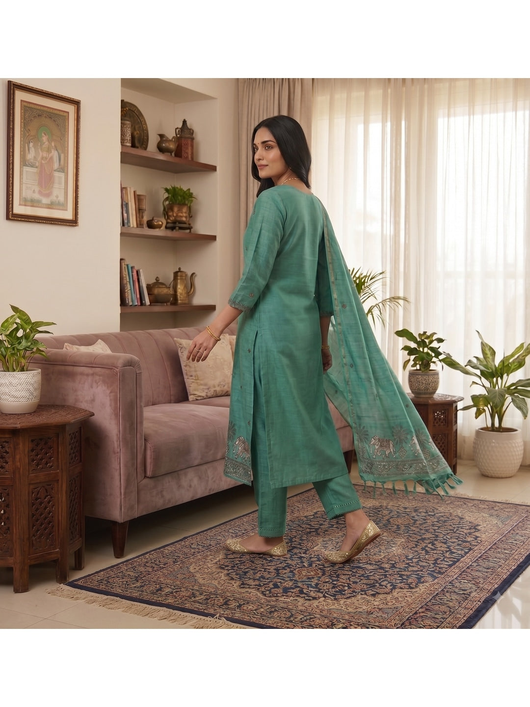 Peachmode Turquoise Pichwai Jamdani Muga Cotton Dress Material - Image 3
