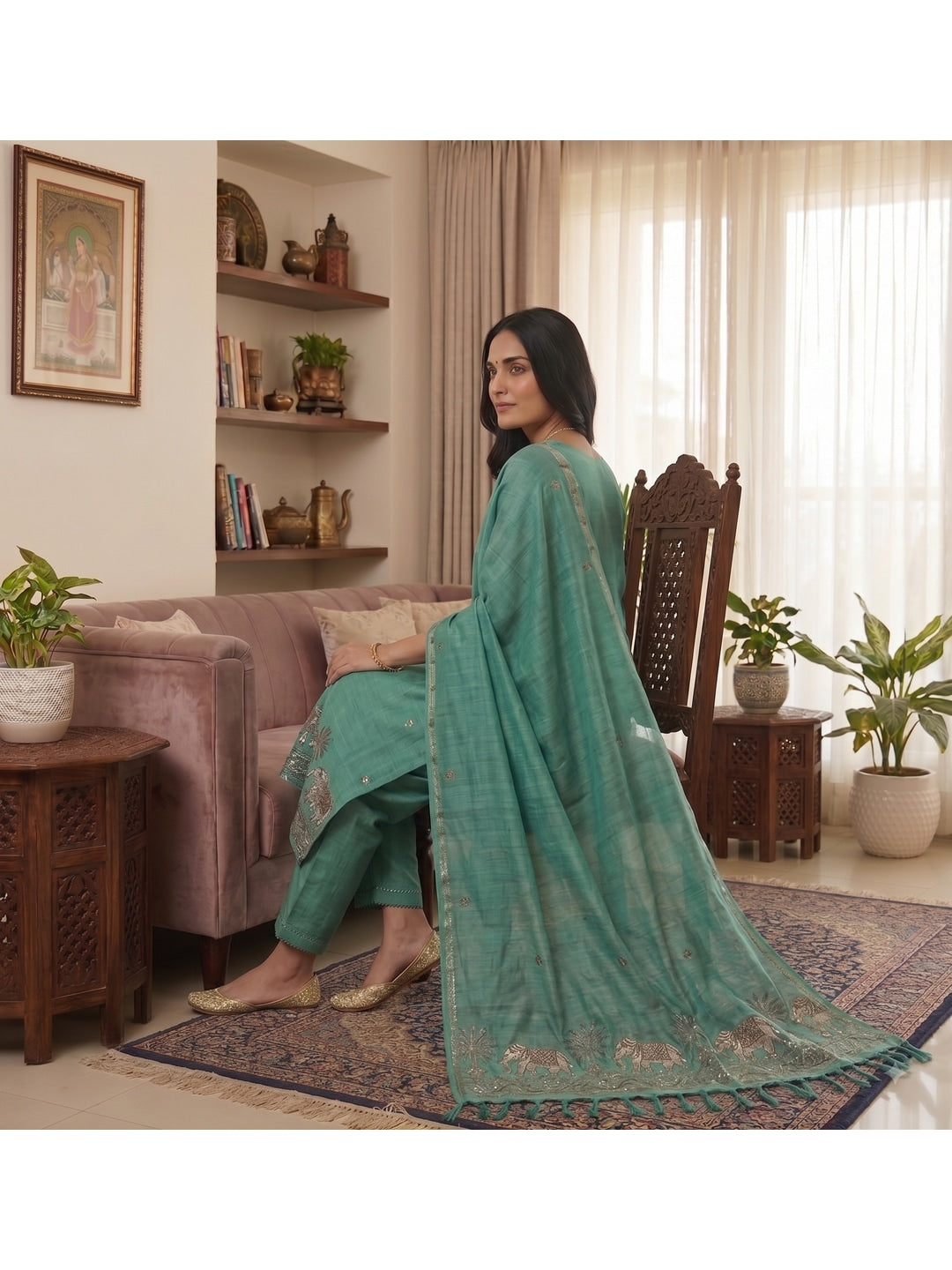 Peachmode Turquoise Pichwai Jamdani Muga Cotton Dress Material - Image 4