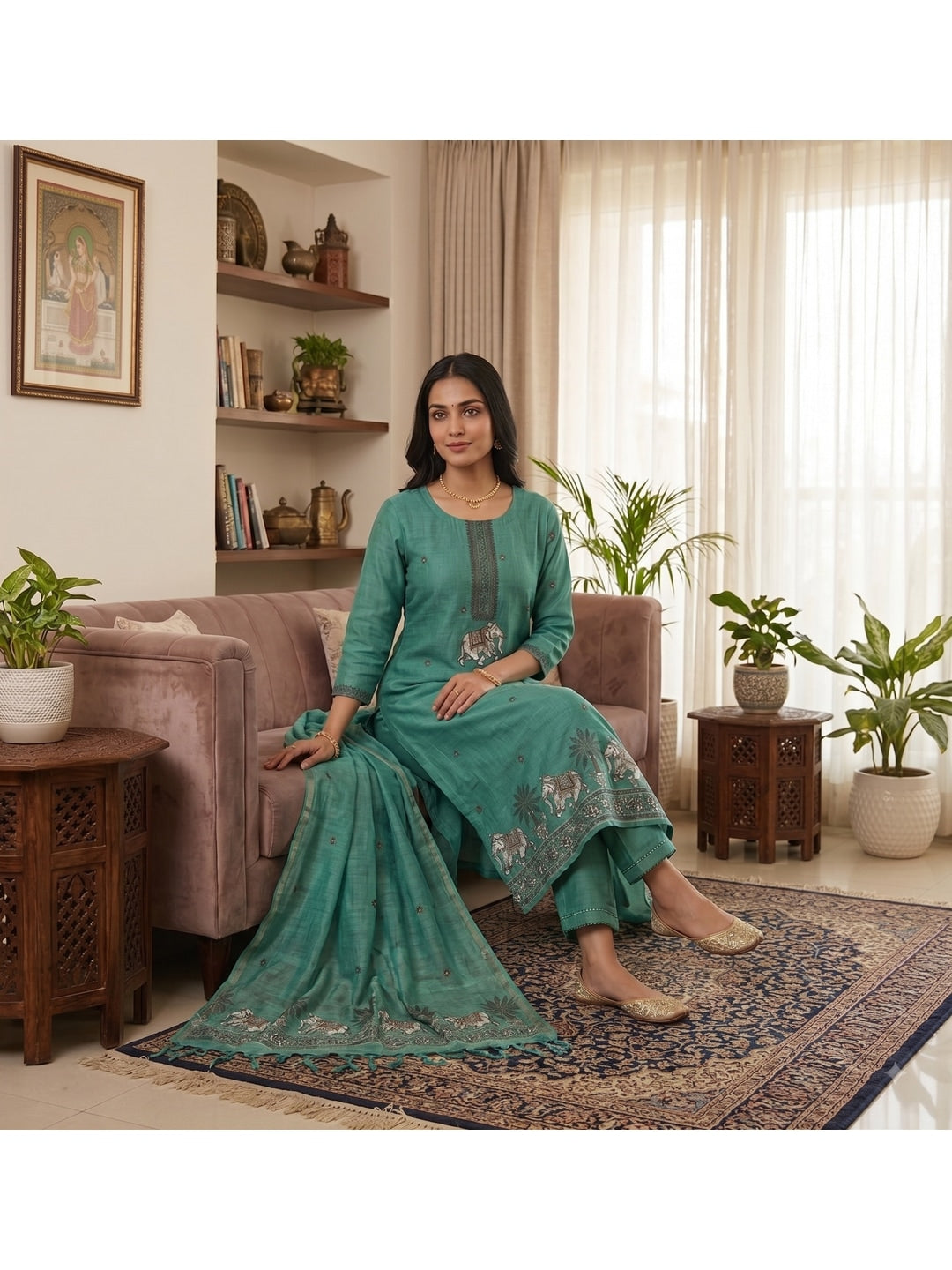 Peachmode Turquoise Pichwai Jamdani Muga Cotton Dress Material - Image 5
