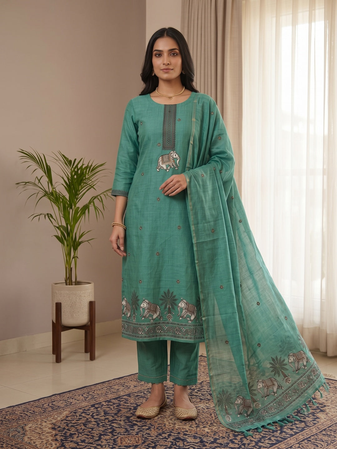 Peachmode Turquoise Pichwai Jamdani Muga Cotton Dress Material - Image 1