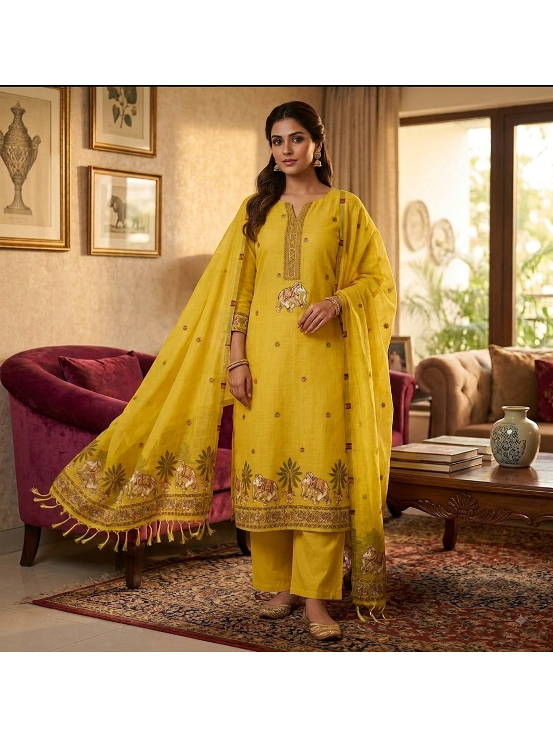 Peachmode Yellow Pichwai Jamdani Muga Cotton Dress Material - Image 2