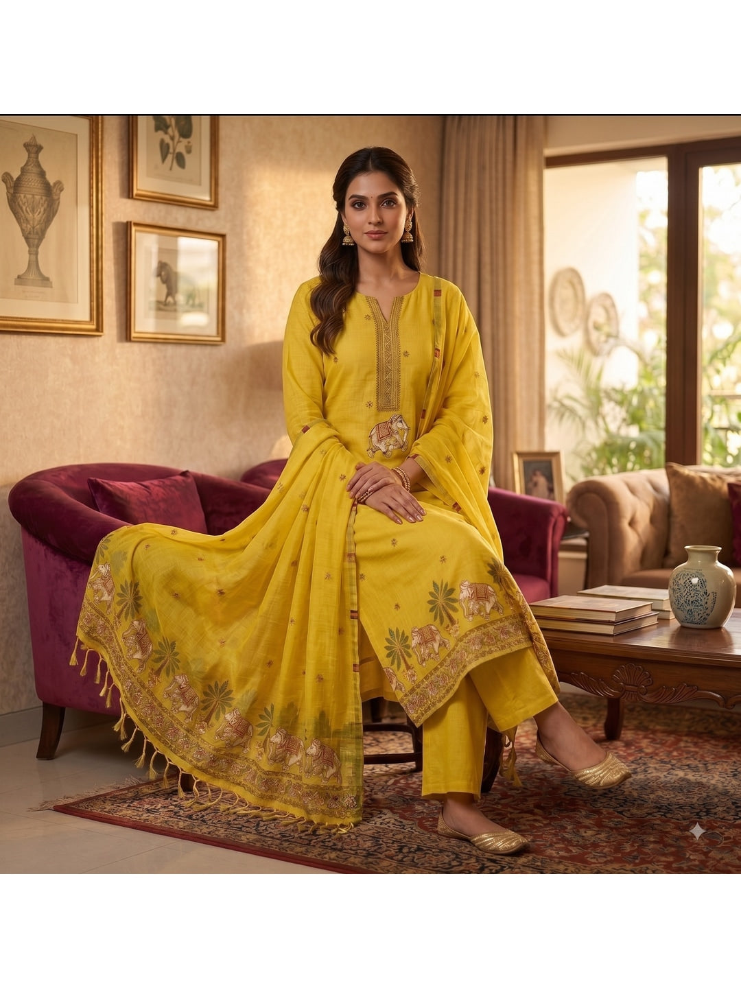 Peachmode Yellow Pichwai Jamdani Muga Cotton Dress Material - Image 4