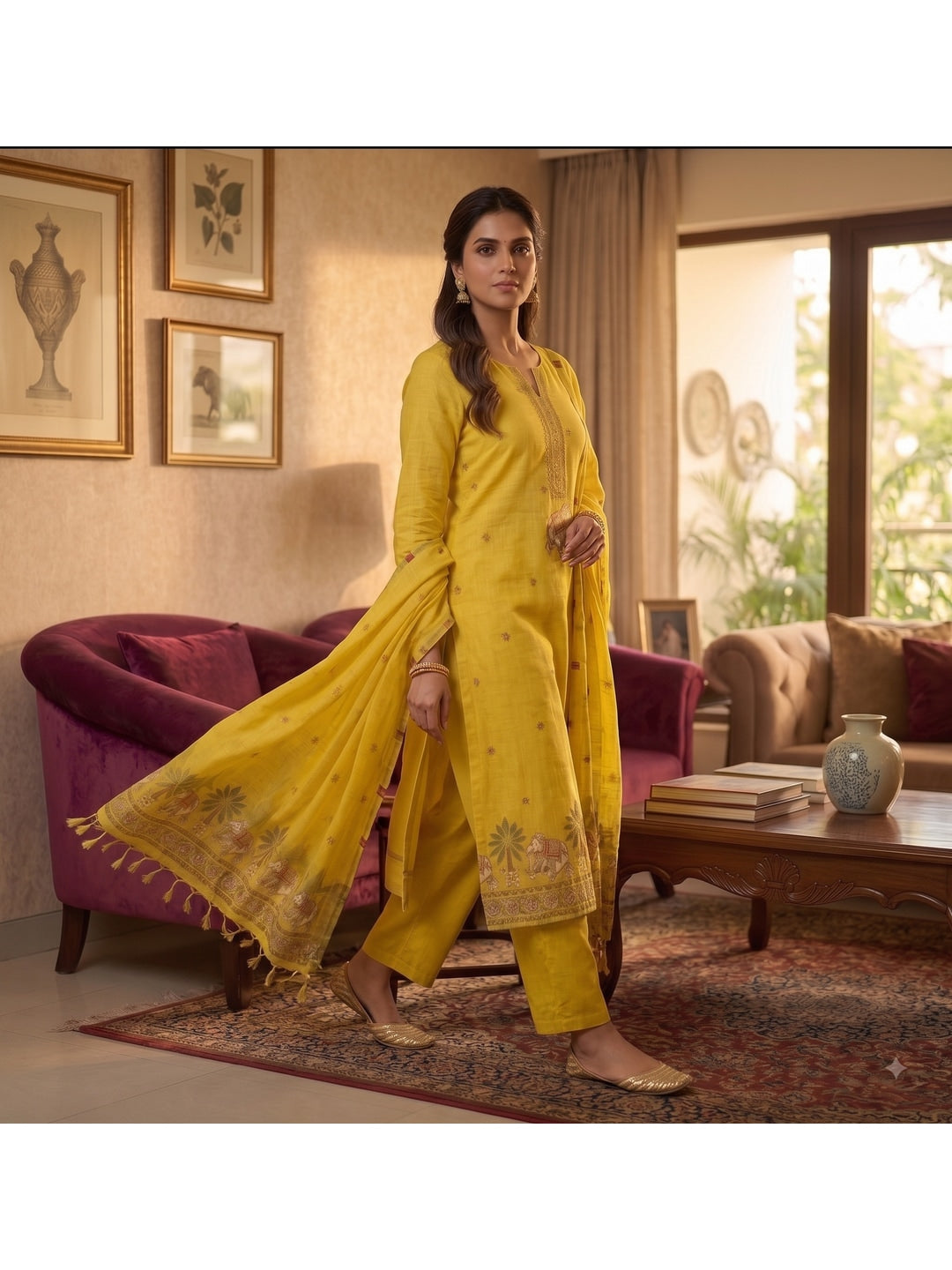 Peachmode Yellow Pichwai Jamdani Muga Cotton Dress Material - Image 5