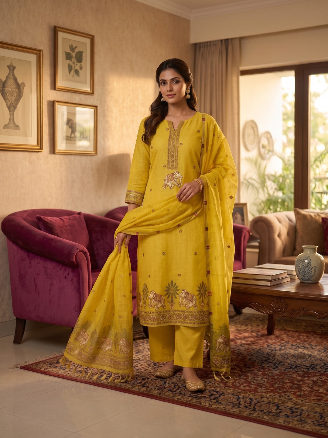 Peachmode Yellow Pichwai Jamdani Muga Cotton Dress Material - Image 1