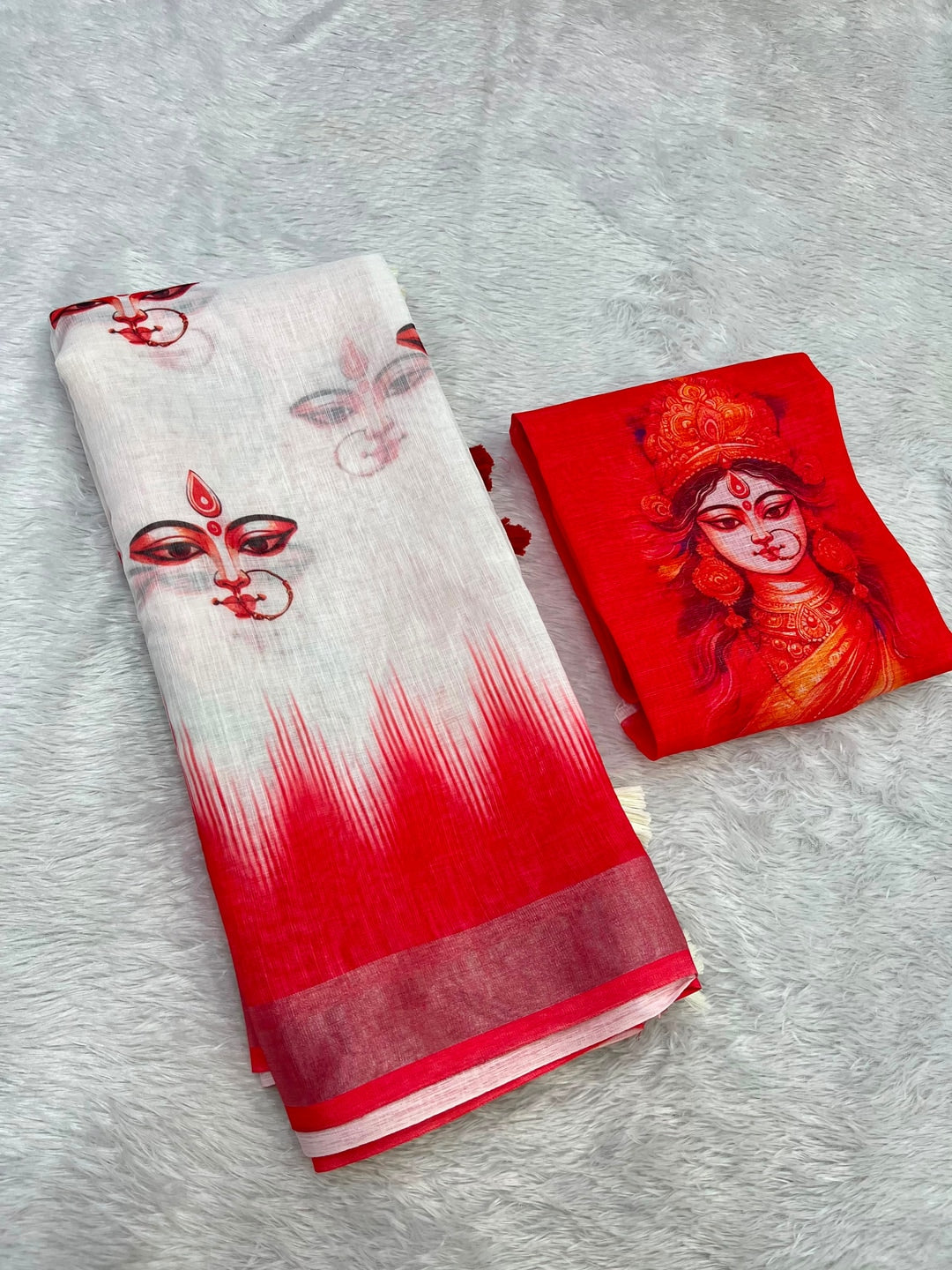 Peachmode White Red Durga Portrait Linen Cotton Saree - Image 2