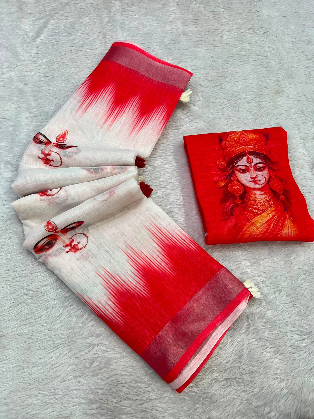 Peachmode White Red Durga Portrait Linen Cotton Saree - Image 4