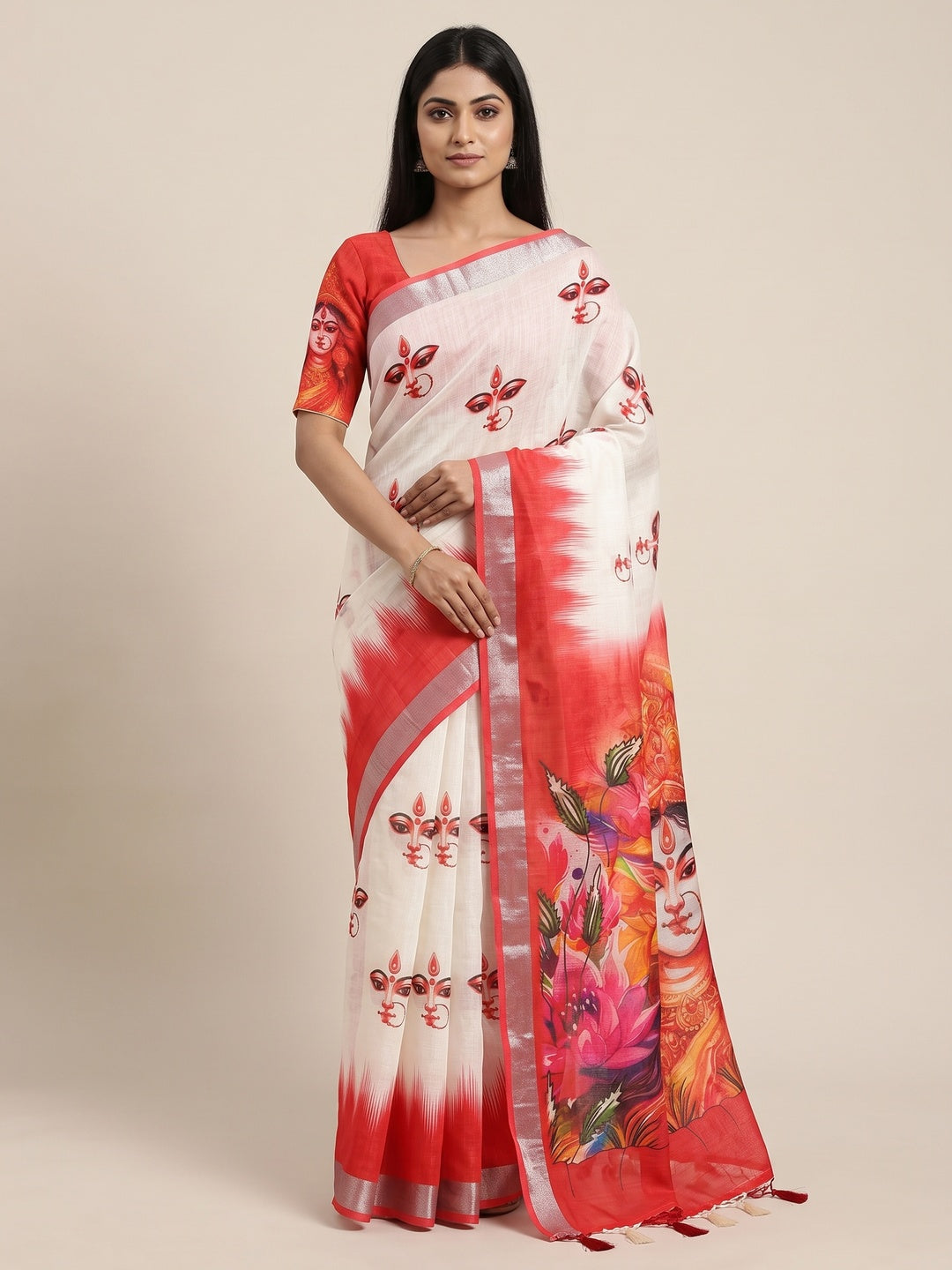 Peachmode White Red Durga Portrait Linen Cotton Saree - Image 1