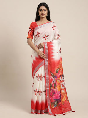 Peachmode White Red Durga Portrait Linen Cotton Saree - Image 1