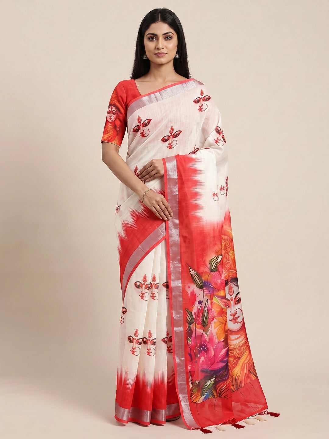 Peachmode White Red Durga Portrait Linen Cotton Saree - Image 5