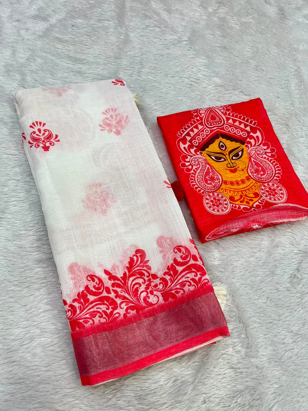 Peachmode White Red Durga Motif Linen Cotton Saree - Image 2