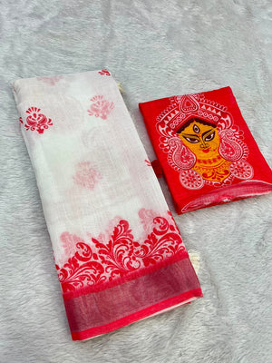 Peachmode White Red Durga Motif Linen Cotton Saree - Image 2