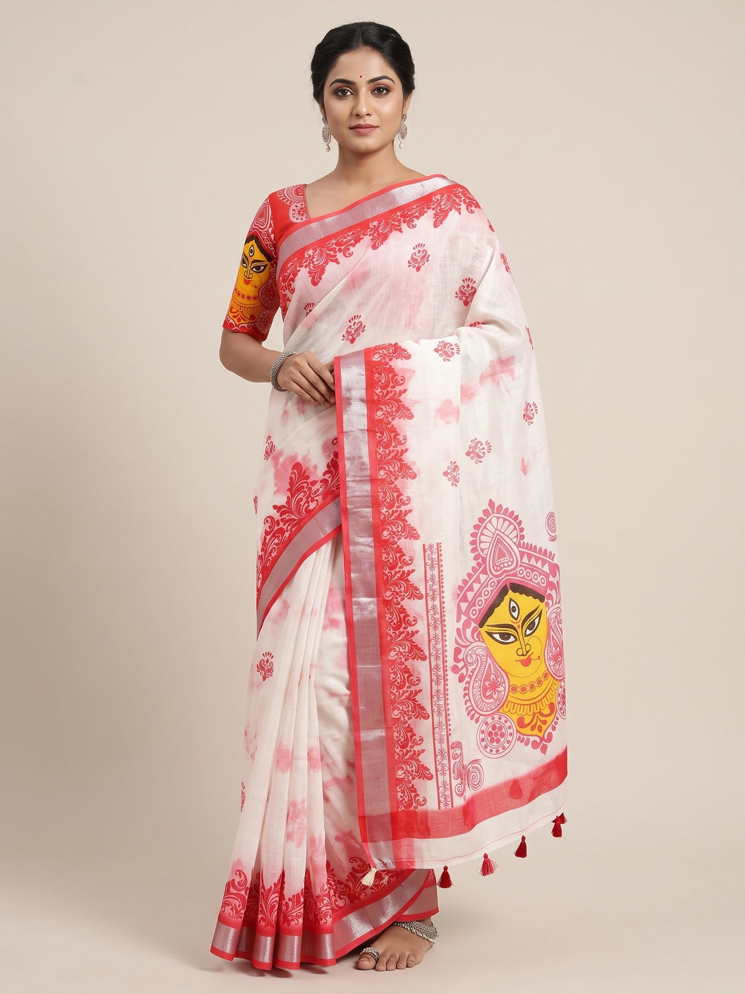 Peachmode White Red Durga Motif Linen Cotton Saree - Image 1