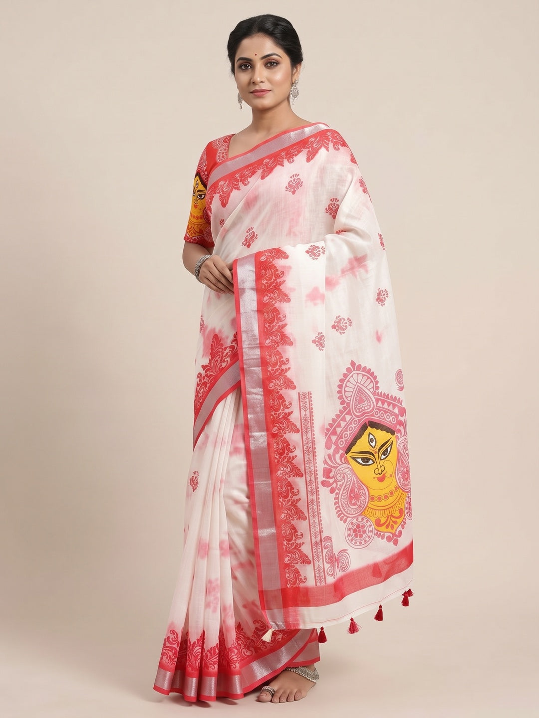 Peachmode White Red Durga Motif Linen Cotton Saree - Image 5