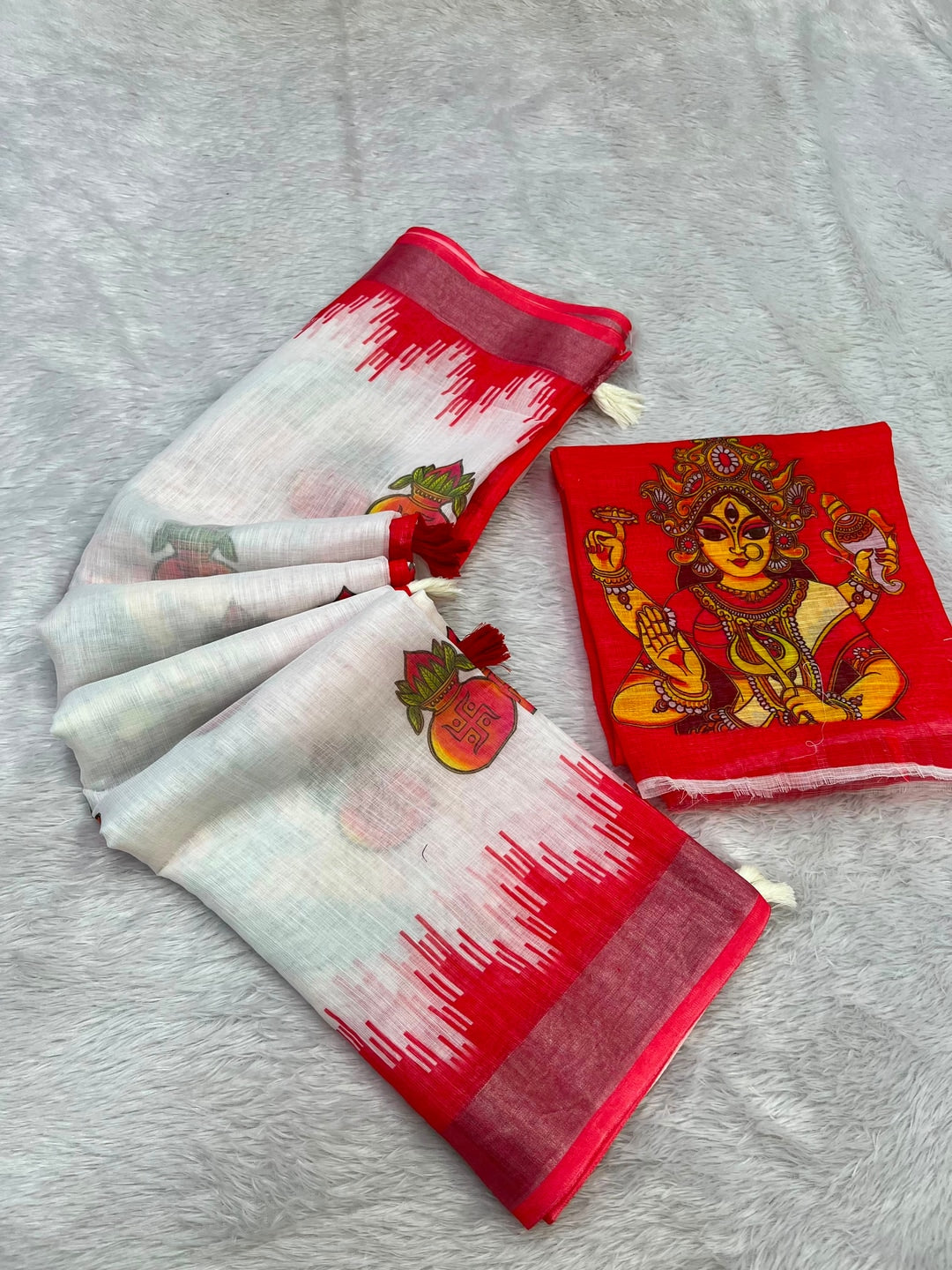 Peachmode White Red Kalash Durga Linen Cotton Saree - Image 2