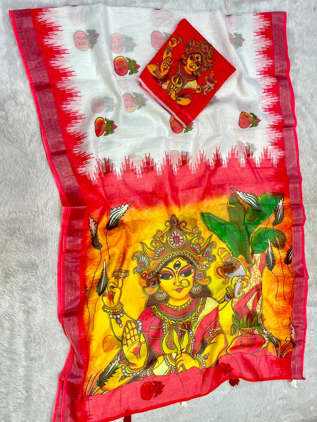 Peachmode White Red Kalash Durga Linen Cotton Saree - Image 4