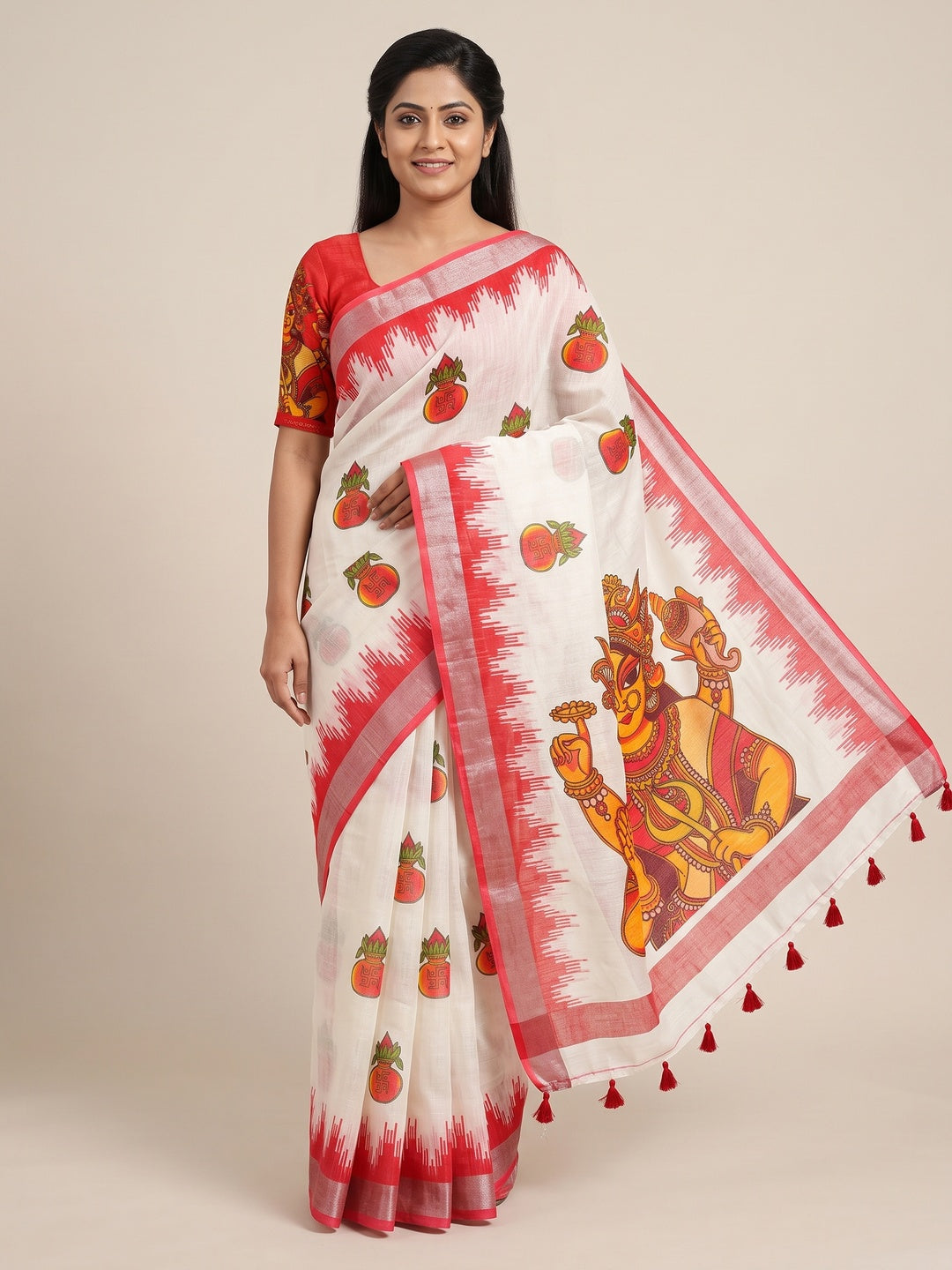 Peachmode White Red Kalash Durga Linen Cotton Saree - Image 1