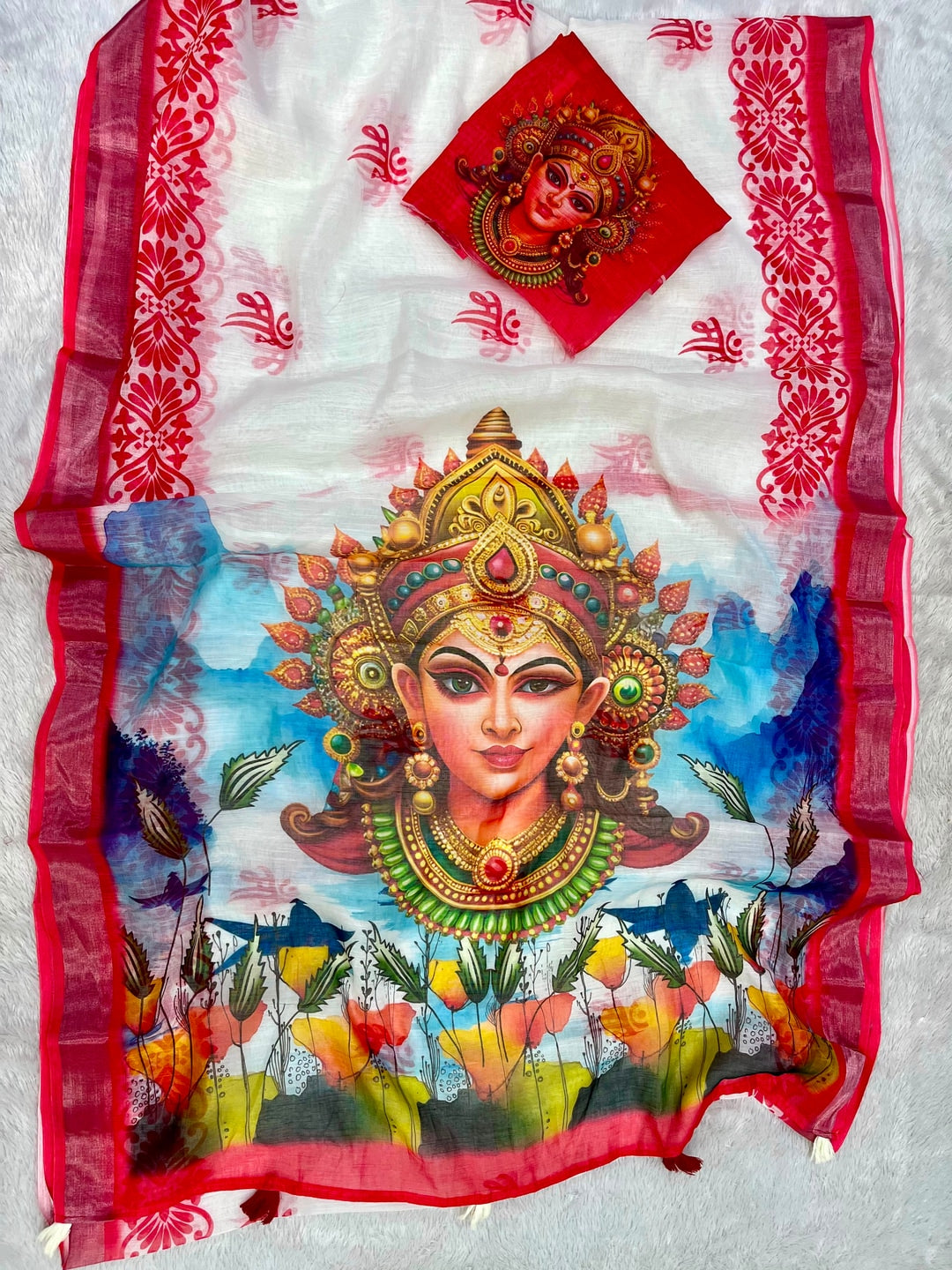 Peachmode White Red Maa Durga Linen Cotton Saree - Image 3