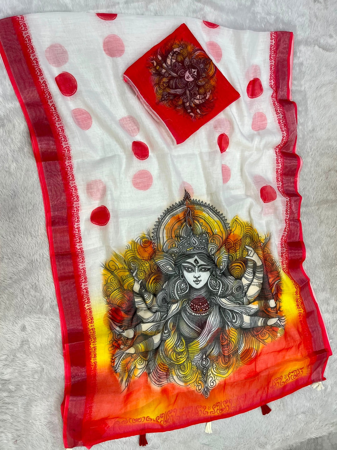 Peachmode White Red Artistic Durga Linen Cotton Saree - Image 2