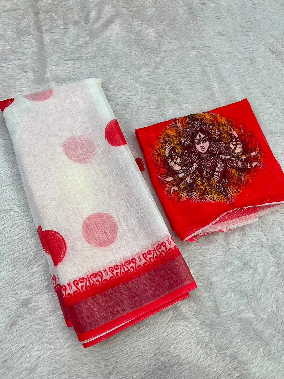Peachmode White Red Artistic Durga Linen Cotton Saree - Image 3