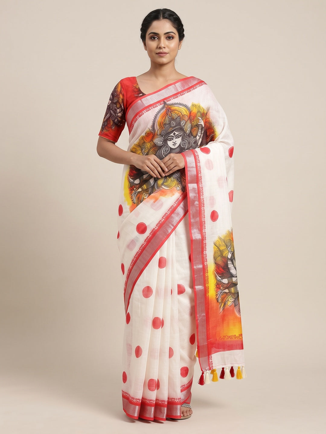 Peachmode White Red Artistic Durga Linen Cotton Saree - Image 1