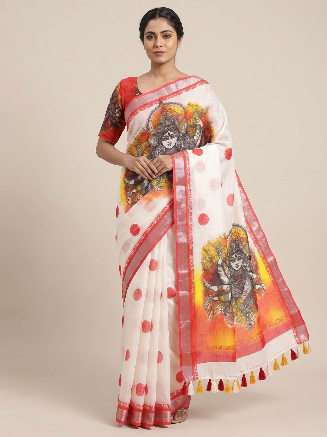 Peachmode White Red Artistic Durga Linen Cotton Saree - Image 5